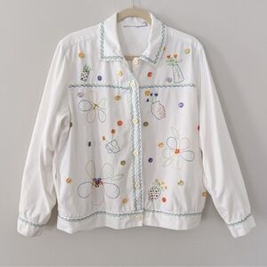 Artsy Embroidered White Denim Jacket LG?  Boho Cottagecore Spring Floral Women